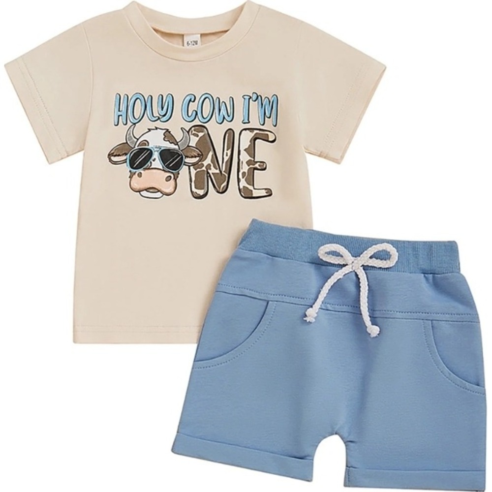 Baby First Birthday Outfit Cowโ "Holy Cow Im One" Shirt Shorts Set 6/12 M NWOT